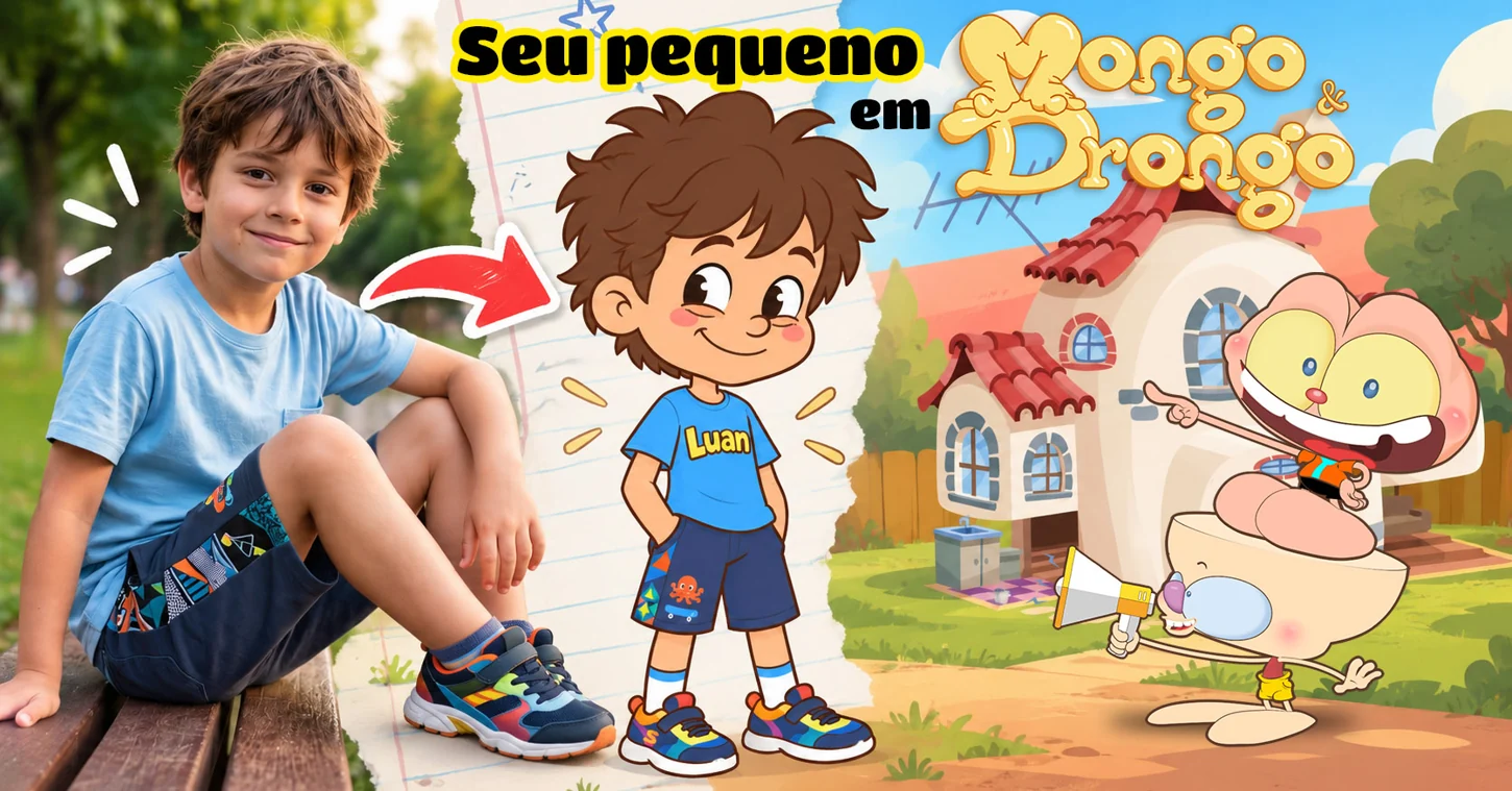 Foto de Luan transformando-se em desenho animado e encontrando Mongo e Drongo diante da casa deles